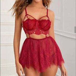 Women Two Piece Sexy Mousse Backless Nightgown With Thong Lace Lingerie Set Back